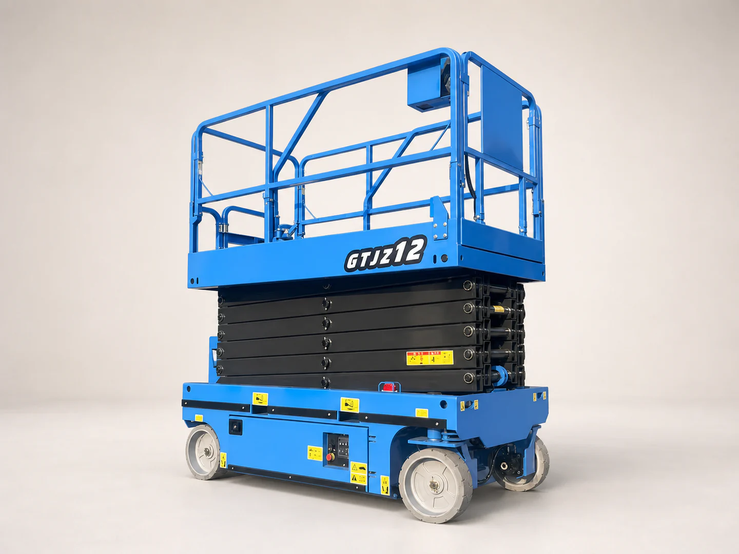 Complete self-propelled scissor lift in a three-quarter view