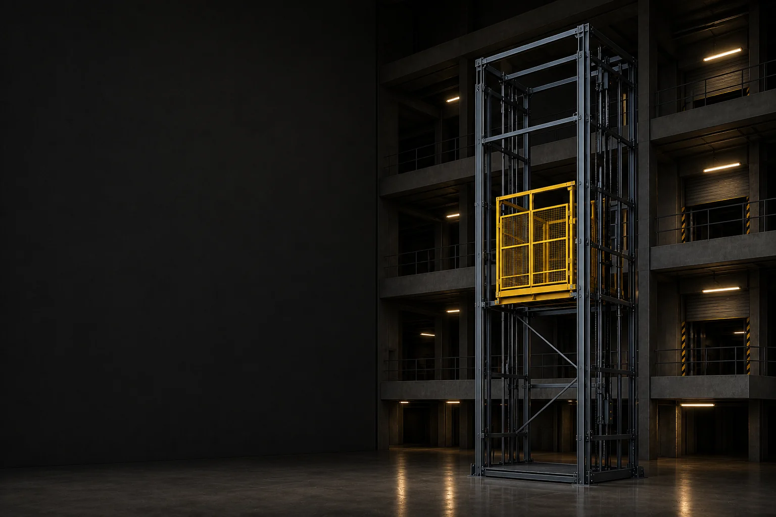 Guide Rail Freight Lifts concept visualization in a conceptual industrial setting
