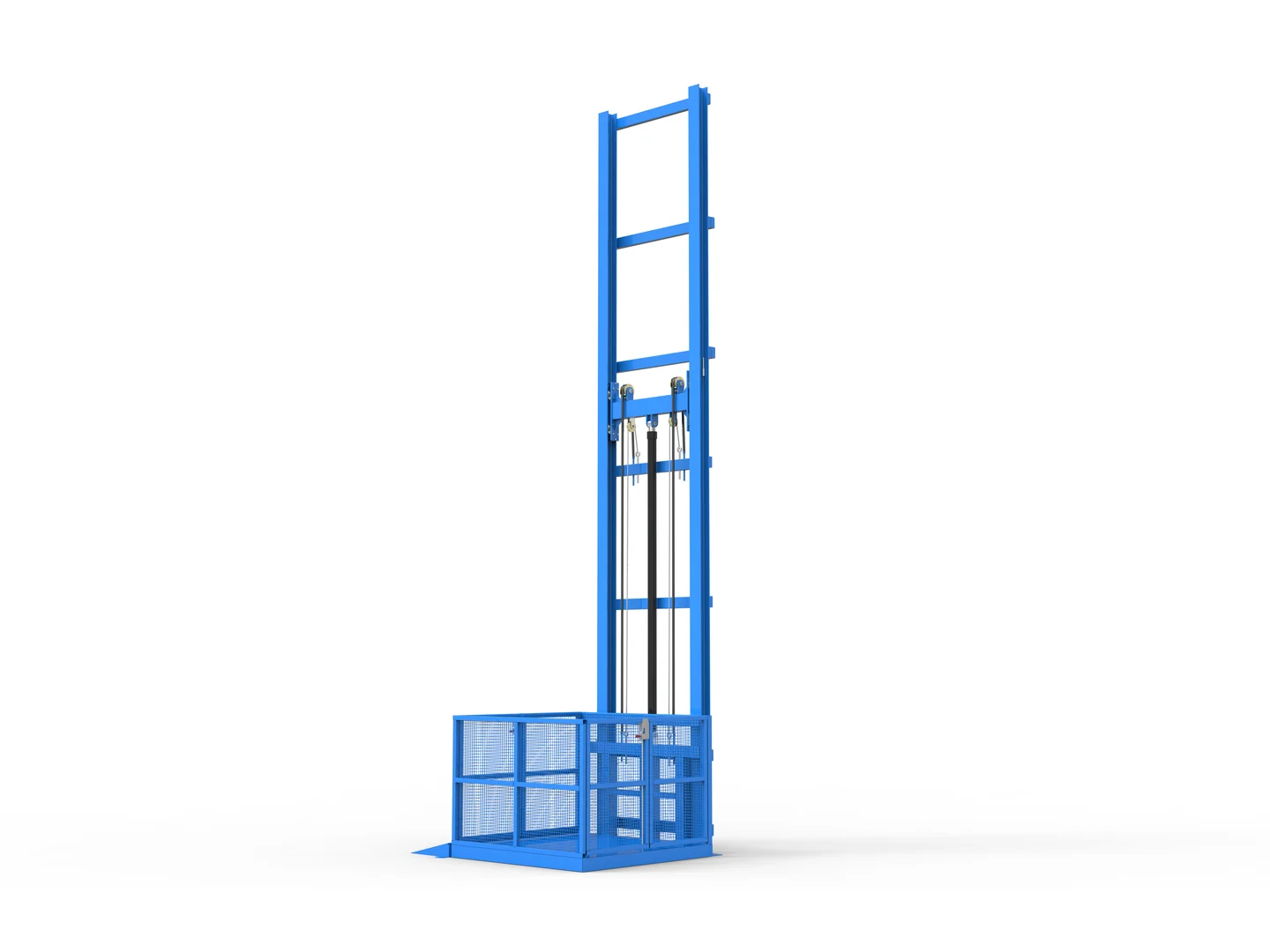 Blue three-dimensional illustration of a complete single-rail guide rail freight lift structure