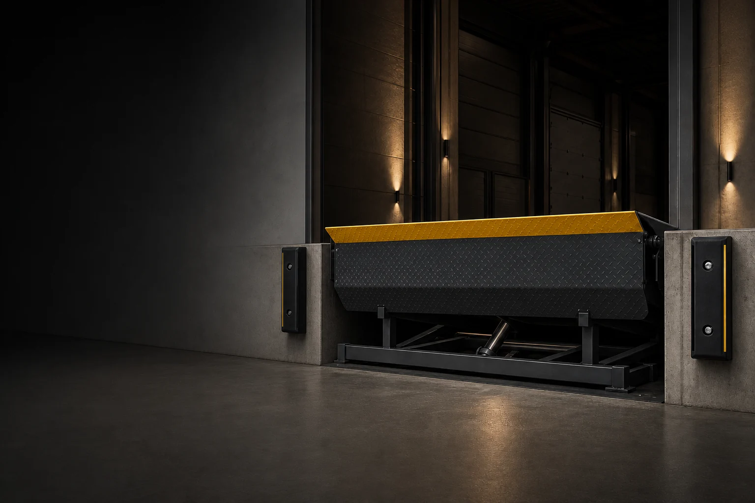 Hydraulic Dock Levelers concept visualization in a conceptual industrial setting