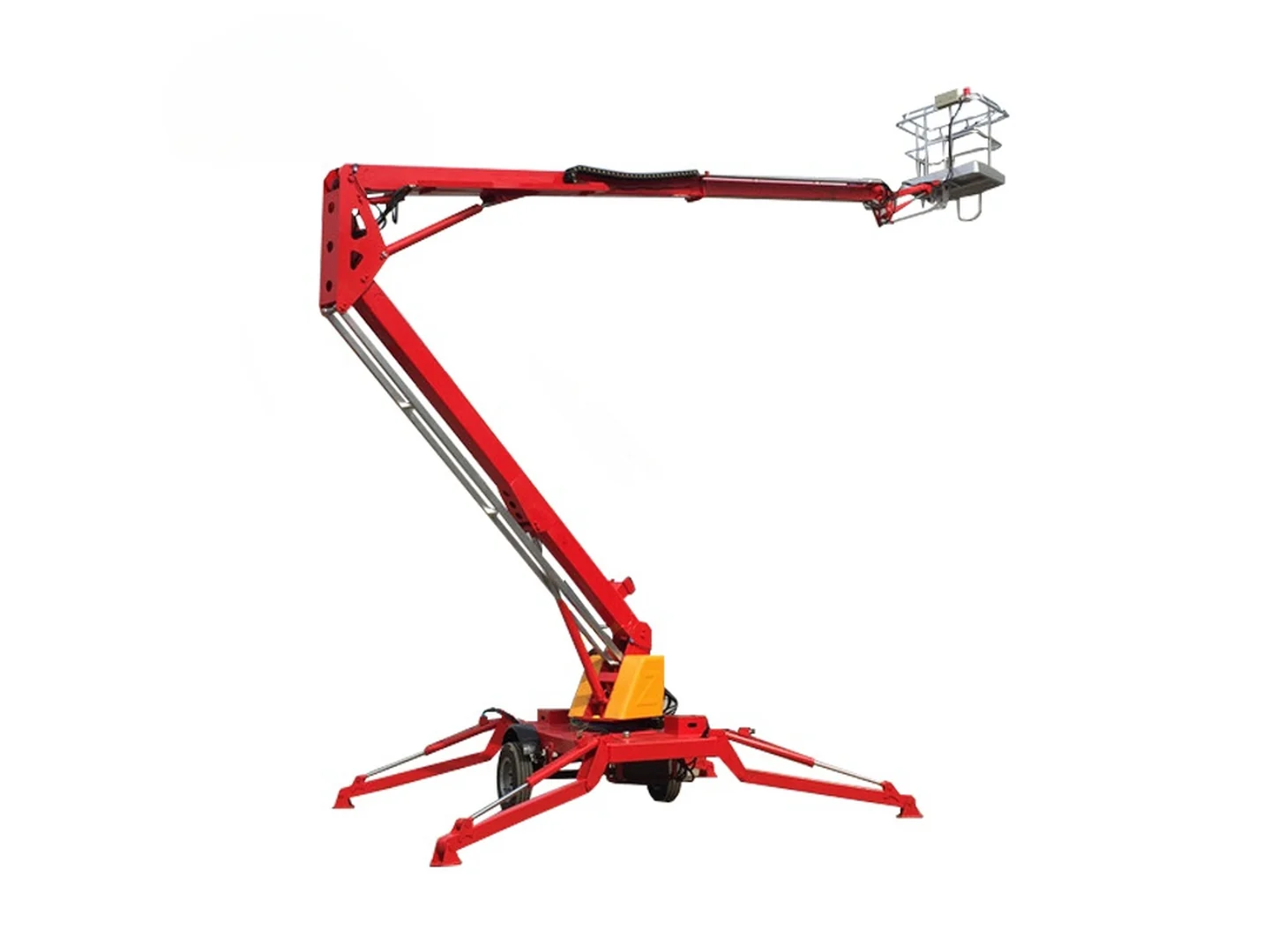 Complete red towable articulating boom lift raised on a white background