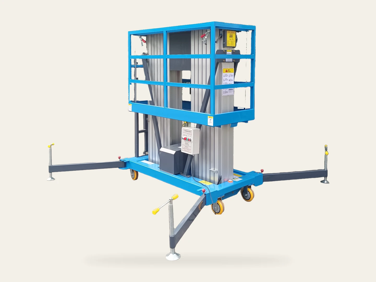 Complete blue double mast lift with its platform, columns, wheels and stabilizers