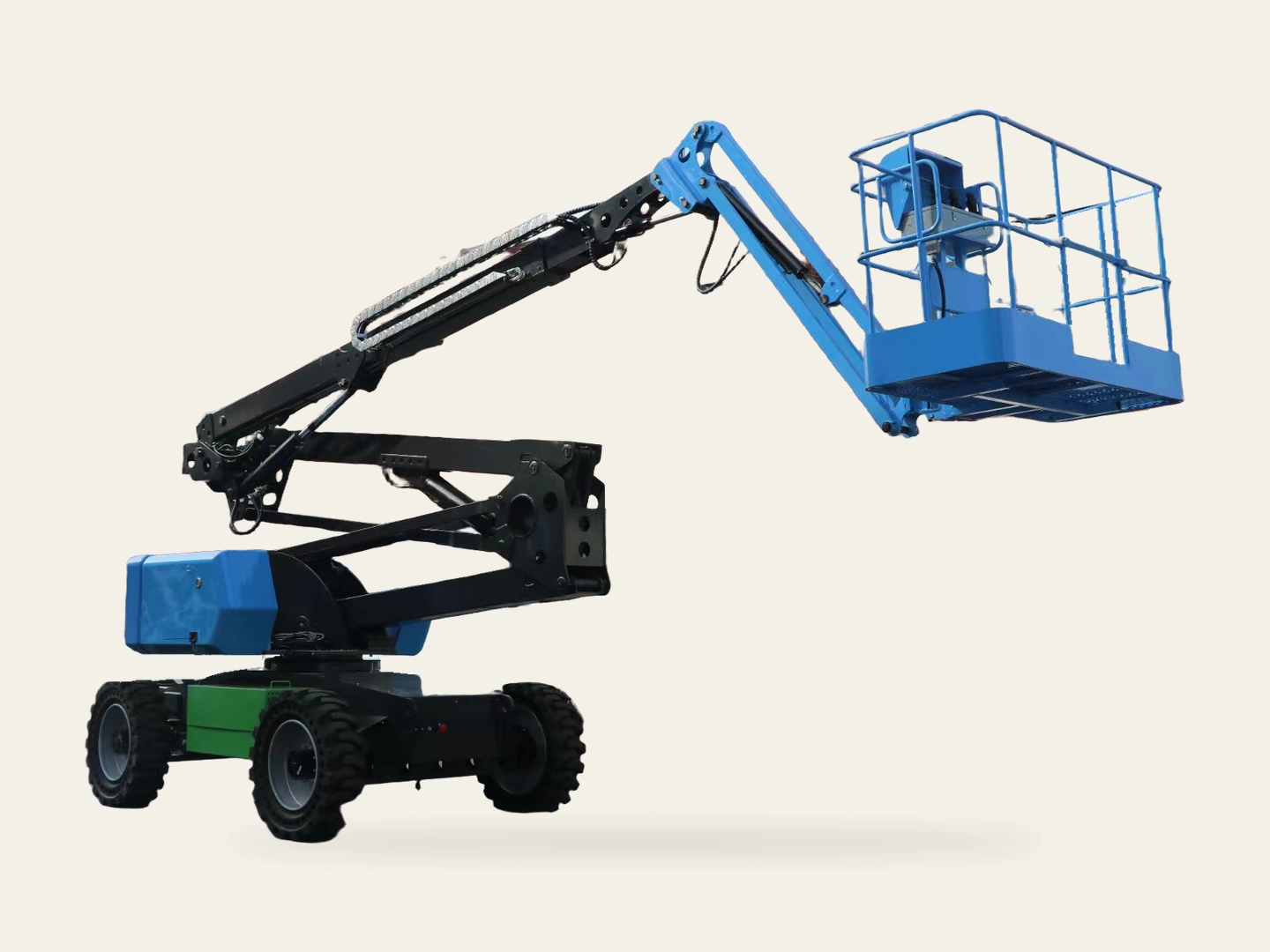 Complete articulating boom lift with a blue work platform, extended black arm and wheeled chassis