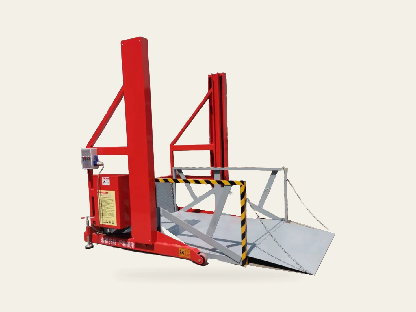 Complete red loading and unloading platform with its bridge plate open