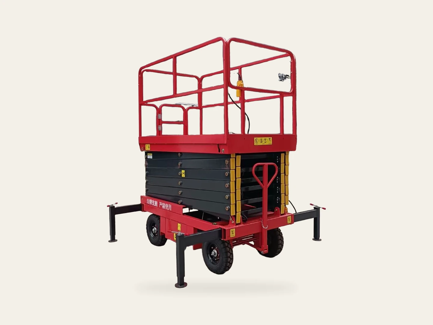 Complete red mobile scissor lift with wheels and stabilizers in a three-quarter view