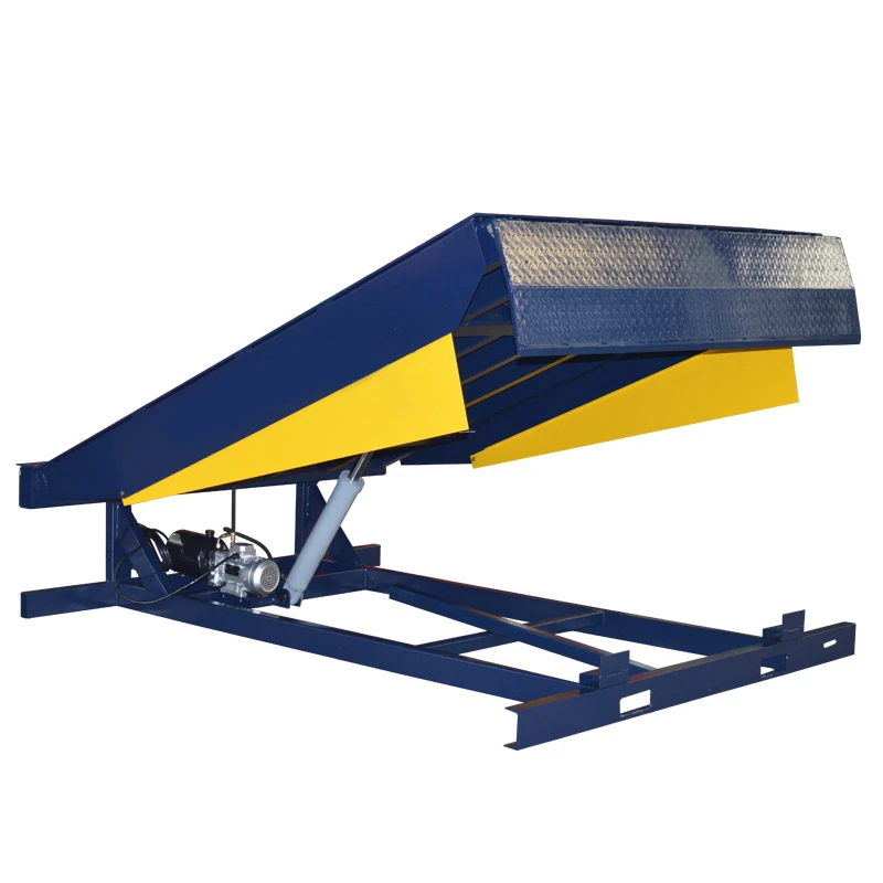 Complete blue and yellow hydraulic dock leveler showing its raised platform, lip and support frame