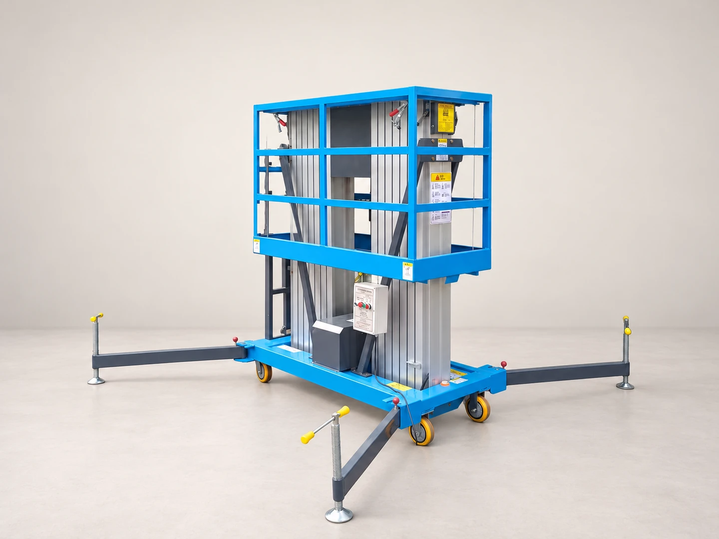 Complete blue double mast lift with its platform, columns, wheels and stabilizers