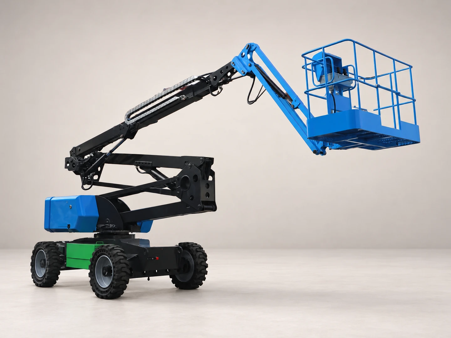Complete articulating boom lift with a blue work platform, extended black arm and wheeled chassis