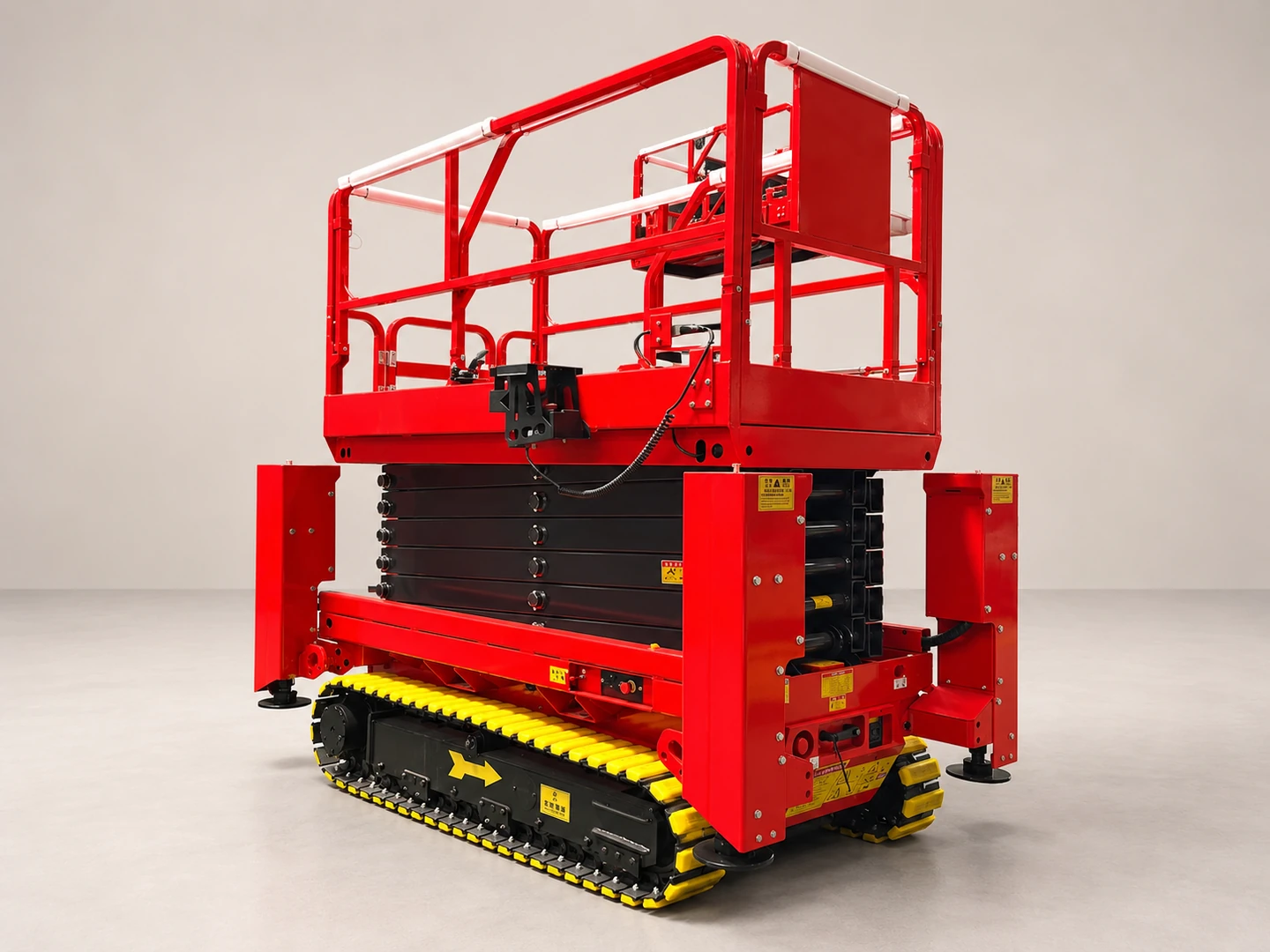 Complete red crawler scissor lift with folded scissors, yellow tracks and stabilizers in a three-quarter view