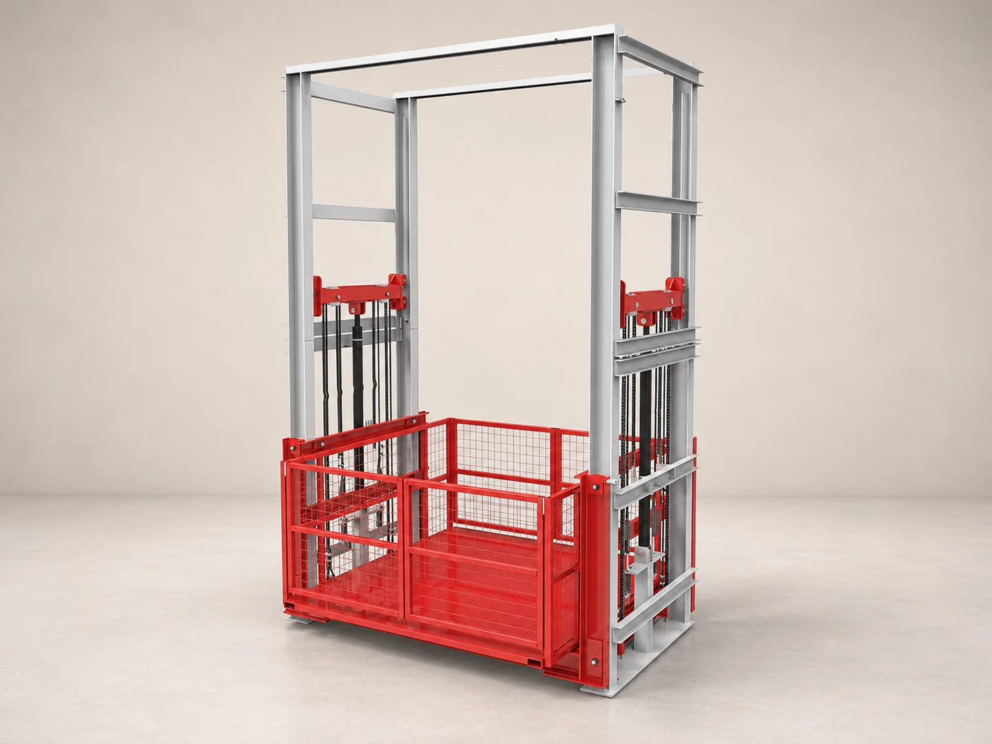 Complete guide rail freight lift with silver columns and a red guarded platform in a three-quarter view
