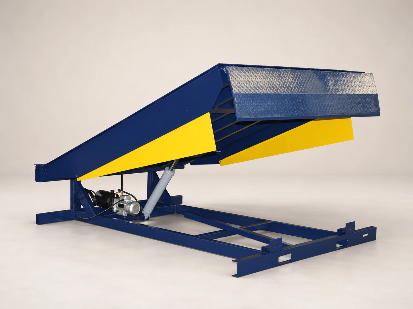 Complete blue and yellow hydraulic dock leveler showing its raised platform, lip and support frame