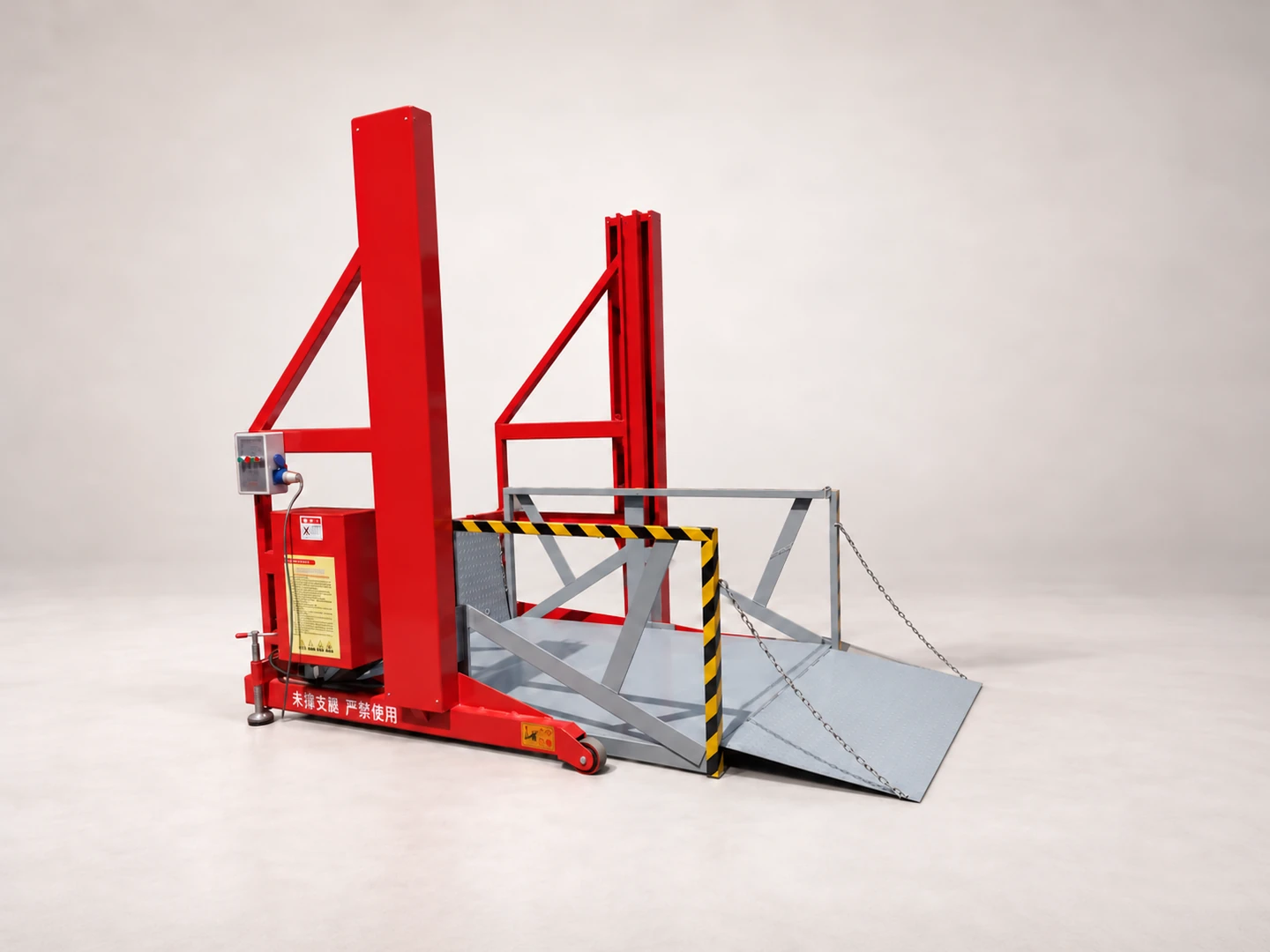 Complete red loading and unloading platform with its bridge plate open