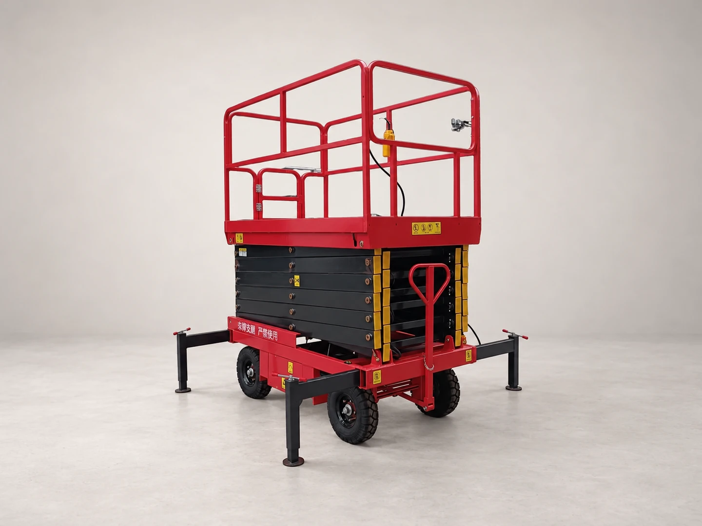 Complete red mobile scissor lift with wheels and stabilizers in a three-quarter view