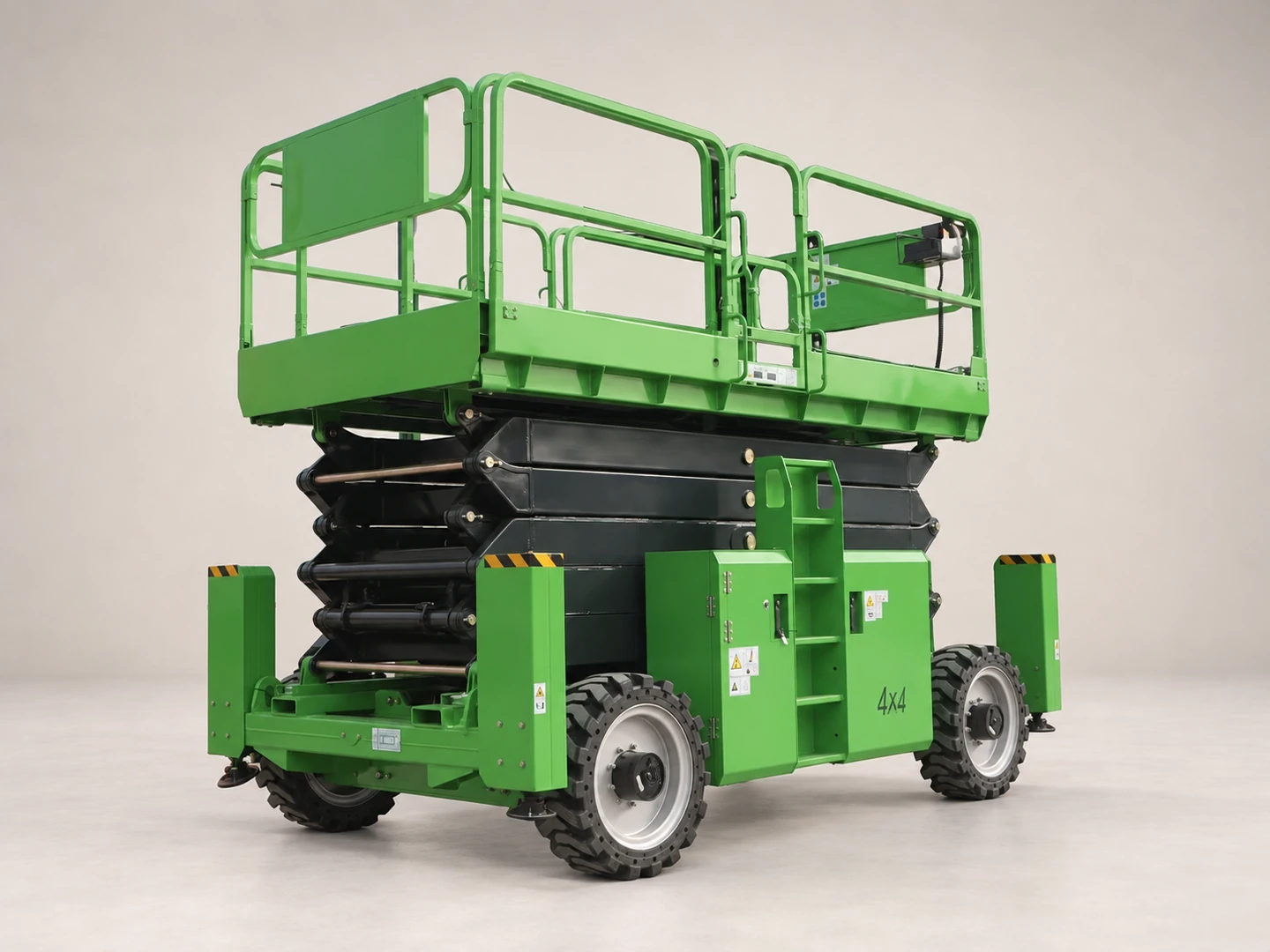 Complete green rough terrain scissor lift showing its platform, folded scissors, tires and stabilizers